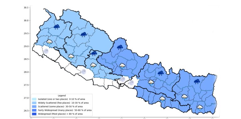आज कोशी प्रदेशका केही ठाउँमा भारी वर्षाको सम्भावना