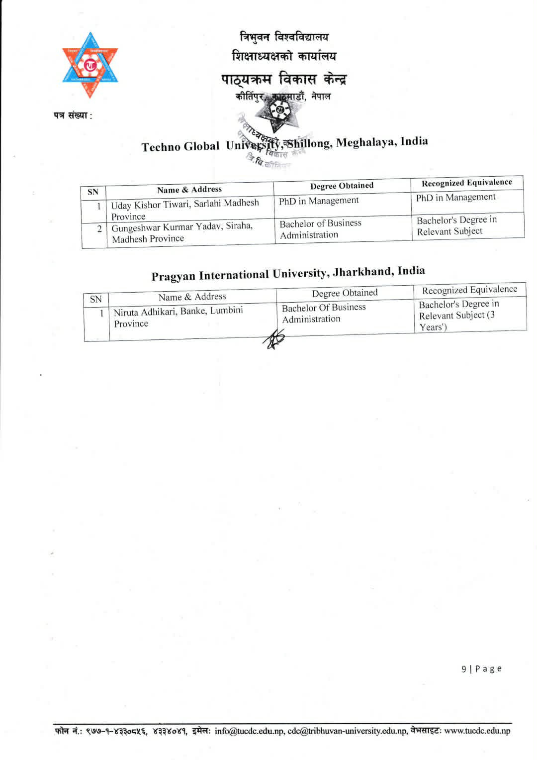 भारतीय विश्वविद्यालयबाट डिग्री लिएका ११४ विद्यार्थीको समकक्षता रद्द