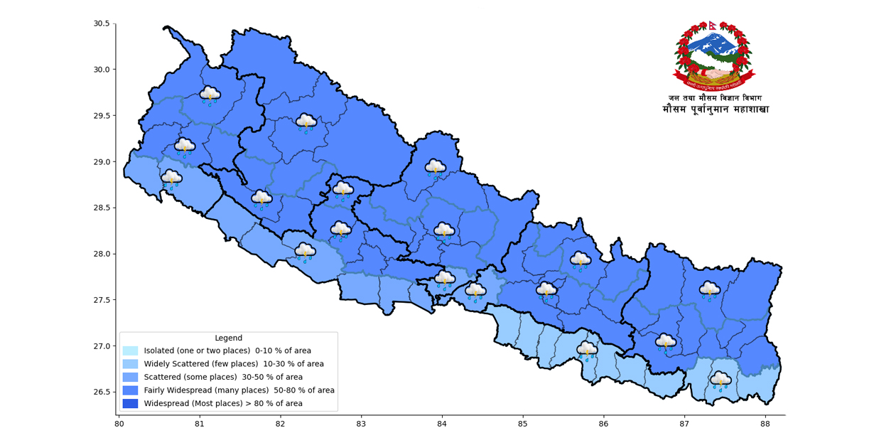 गण्डकी, लुम्बिनी र कर्णाली प्रदेशका केही ठाउँमा भारी वर्षा हुने