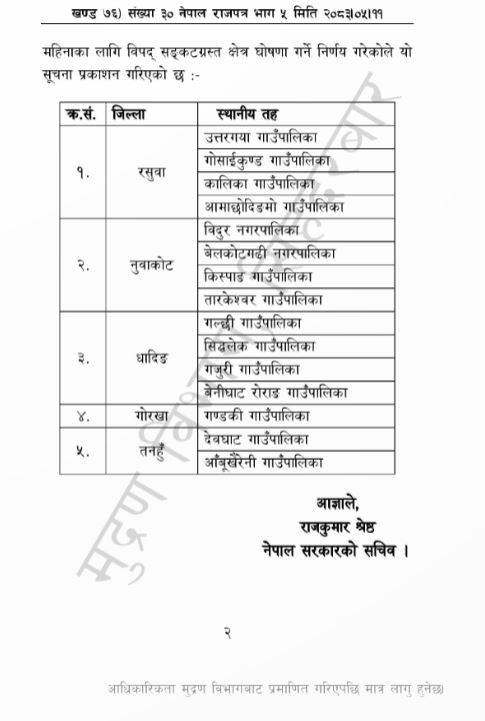 बाढी प्रभावित १५ स्थानीय तहलाई ‘विपद् संकटग्रस्त क्षेत्र’ घोषणा गर्ने निर्णय राजपत्रमा प्रकाशित