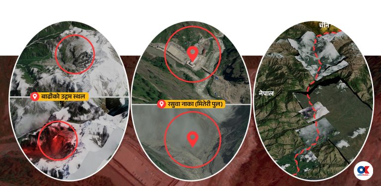 बाढीको उद्‌गमस्थलदेखि कोल्पुटारसम्मको स्याटेलाइट दृश्य (पहिले र अहिले)