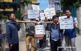खाली ग्यास सिलिन्डर बोकेर घण्टाघर अगाडि नेविसंघको प्रदर्शन