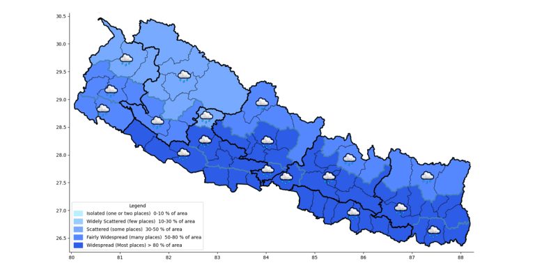 कोशी, बागमती र गण्डकी प्रदेशका केही स्थानमा भारी वर्षा हुने