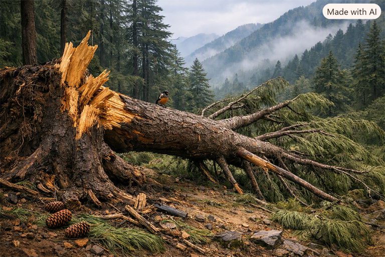 ढल्यो ४०० वर्ष पुरानो भनिएको जुम्लाको देवदारको रुख
