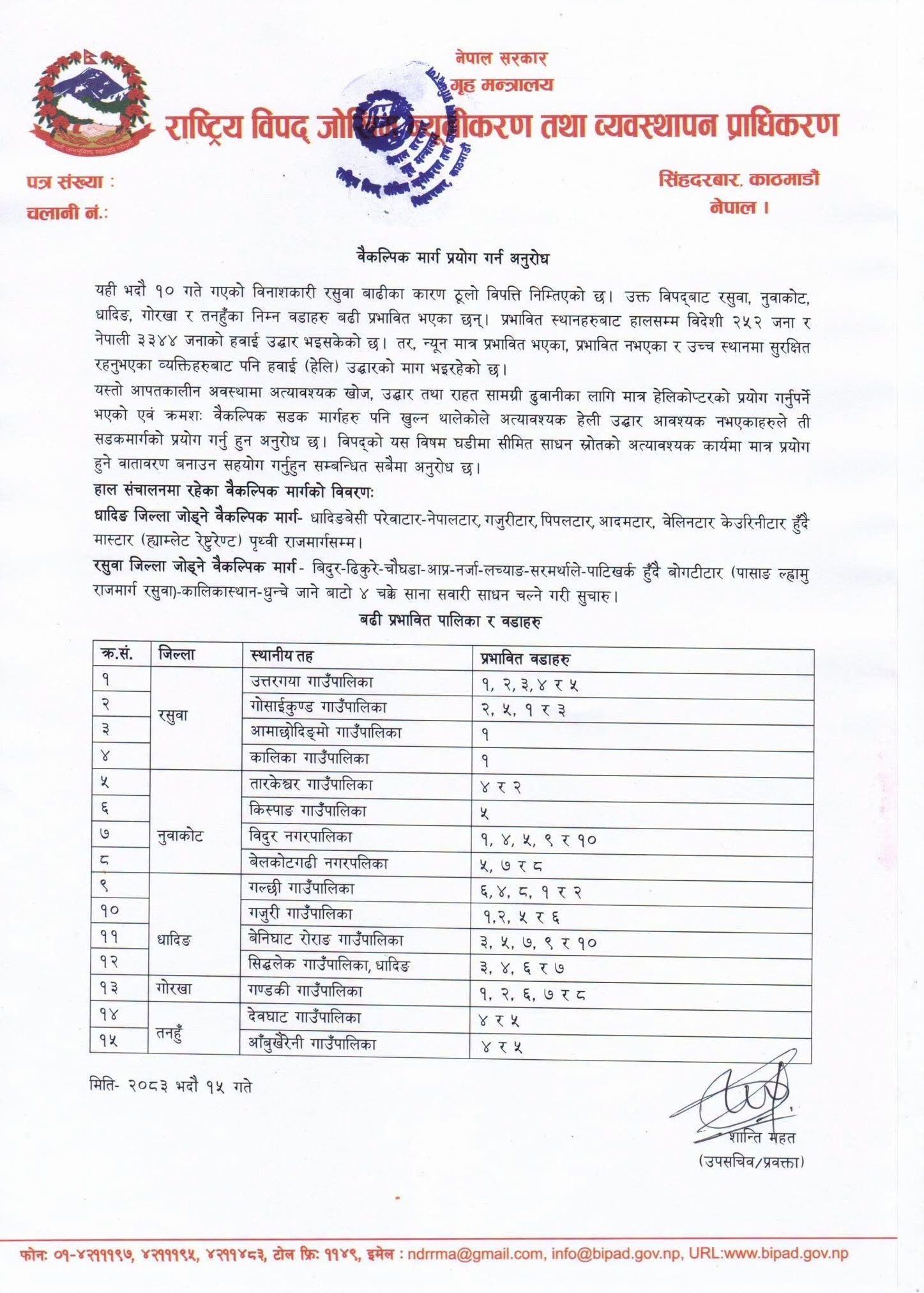 यस्तो छ बाढी प्रभावित रसुवा पुग्ने वैकल्पिक मार्ग