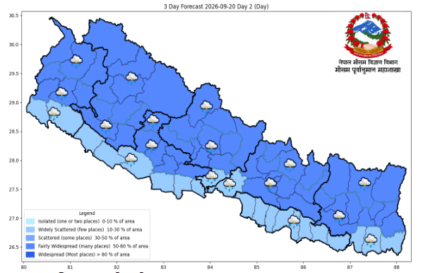 कोशी, बागमती र गण्डकीका पहाडी क्षेत्रका केही स्थानमा भारी वर्षाको सम्भावना