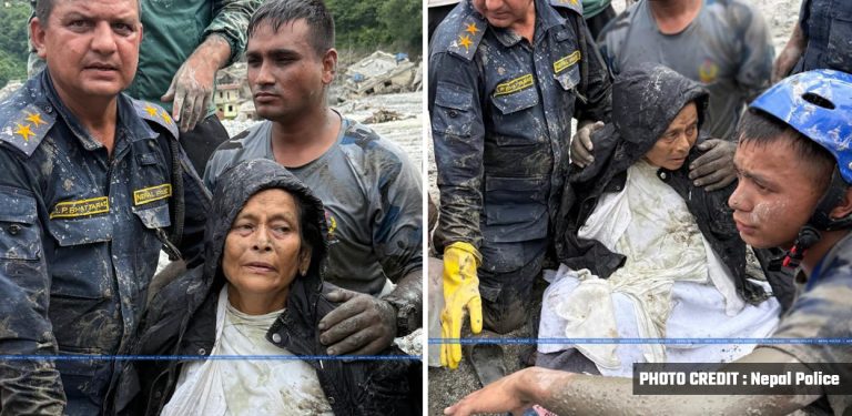 बेत्रावतीमा पुरिएको घरबाट उद्धार भएकी महिलालाई हेलिकप्टरबाट काठमाडौं ल्याइँदै