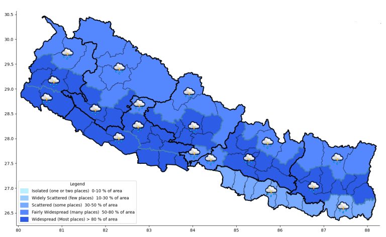 कोशी, बागमती, गण्डकी, कर्णाली, लुम्बिनी र सुदूरपश्चिमका केही ठाउँमा भारी वर्षा हुने