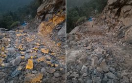 विस्फोटक पदार्थ प्रयोग गरेर हटाइयो छुमसुरको विशाल चट्टानसहितको पहिरो