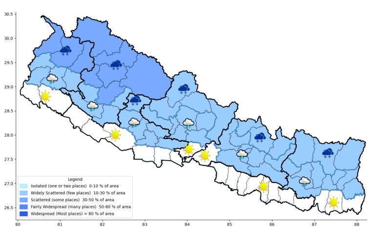 कर्णाली र सुदूरपश्चिमका हिमाली क्षेत्रमा हल्का वर्षा र हिमपातको सम्भावना