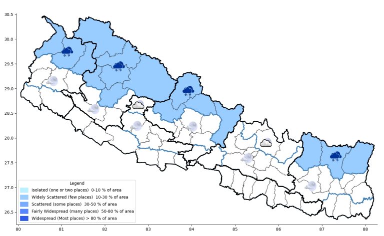 कोशी, बागमती र गण्डकीका पहाडी क्षेत्रमा चट्याङसहित हल्का वर्षाको सम्भावना